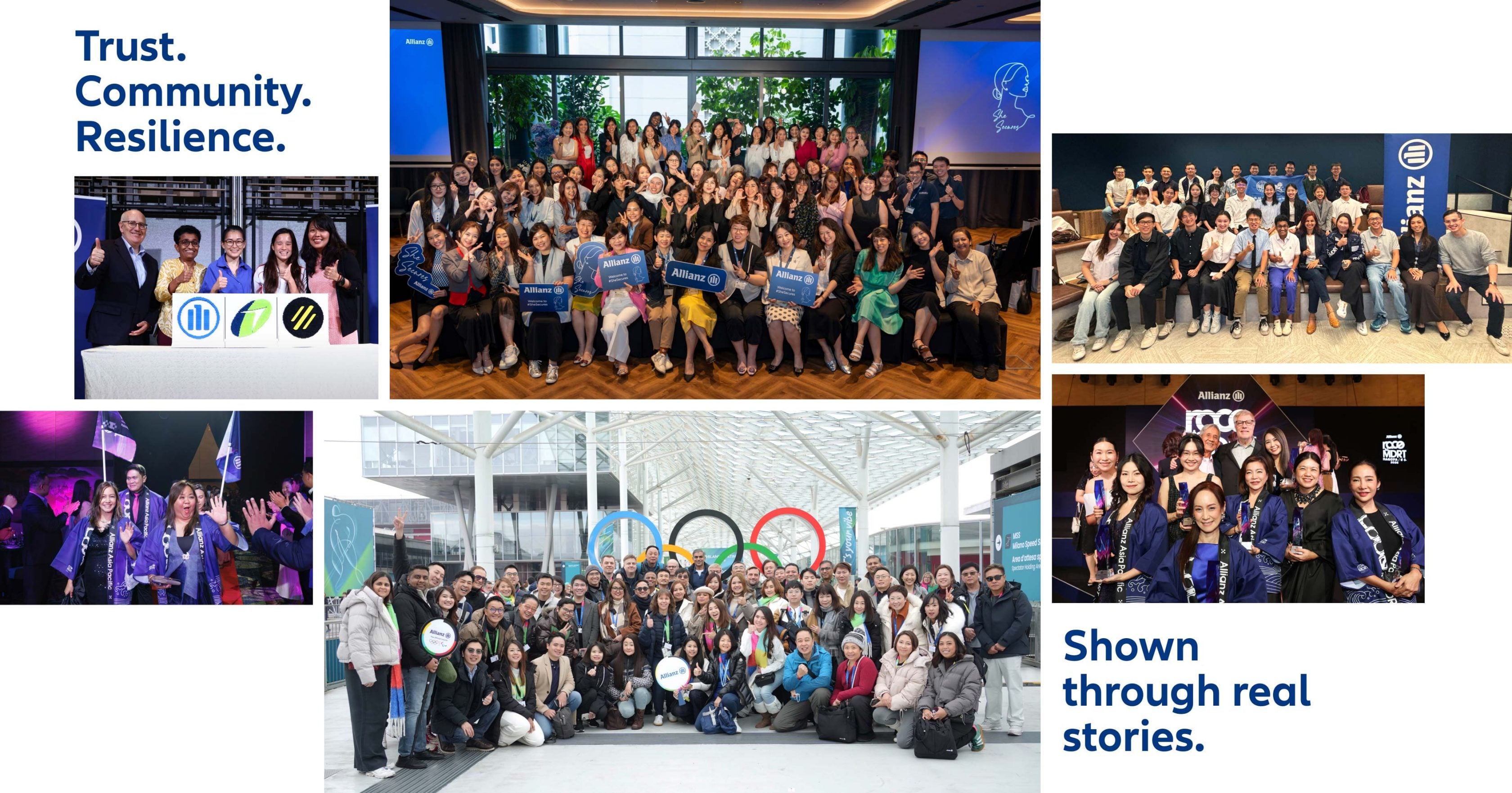 Collage of different Power of Unity event images saying Trust, Community, Resilience, shown through real stories.